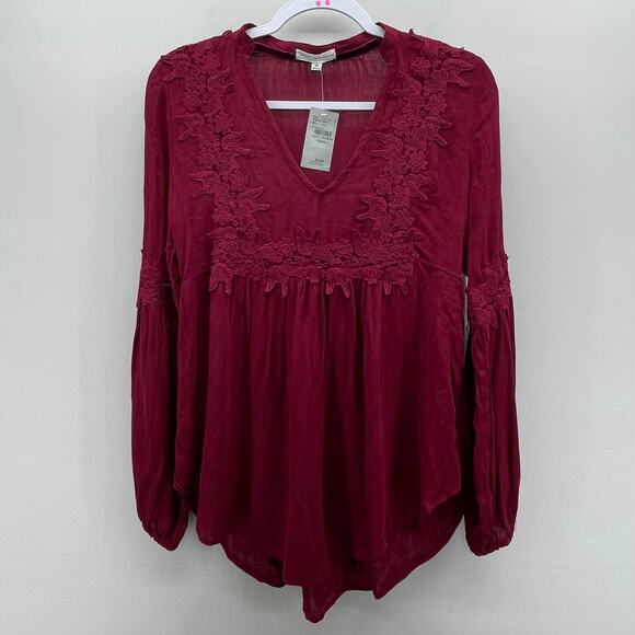 Coco + Jaimeson Burgundy V Neck Appliqué Peasant Blouse Style CWB1221-BOC - Picture 1 of 7